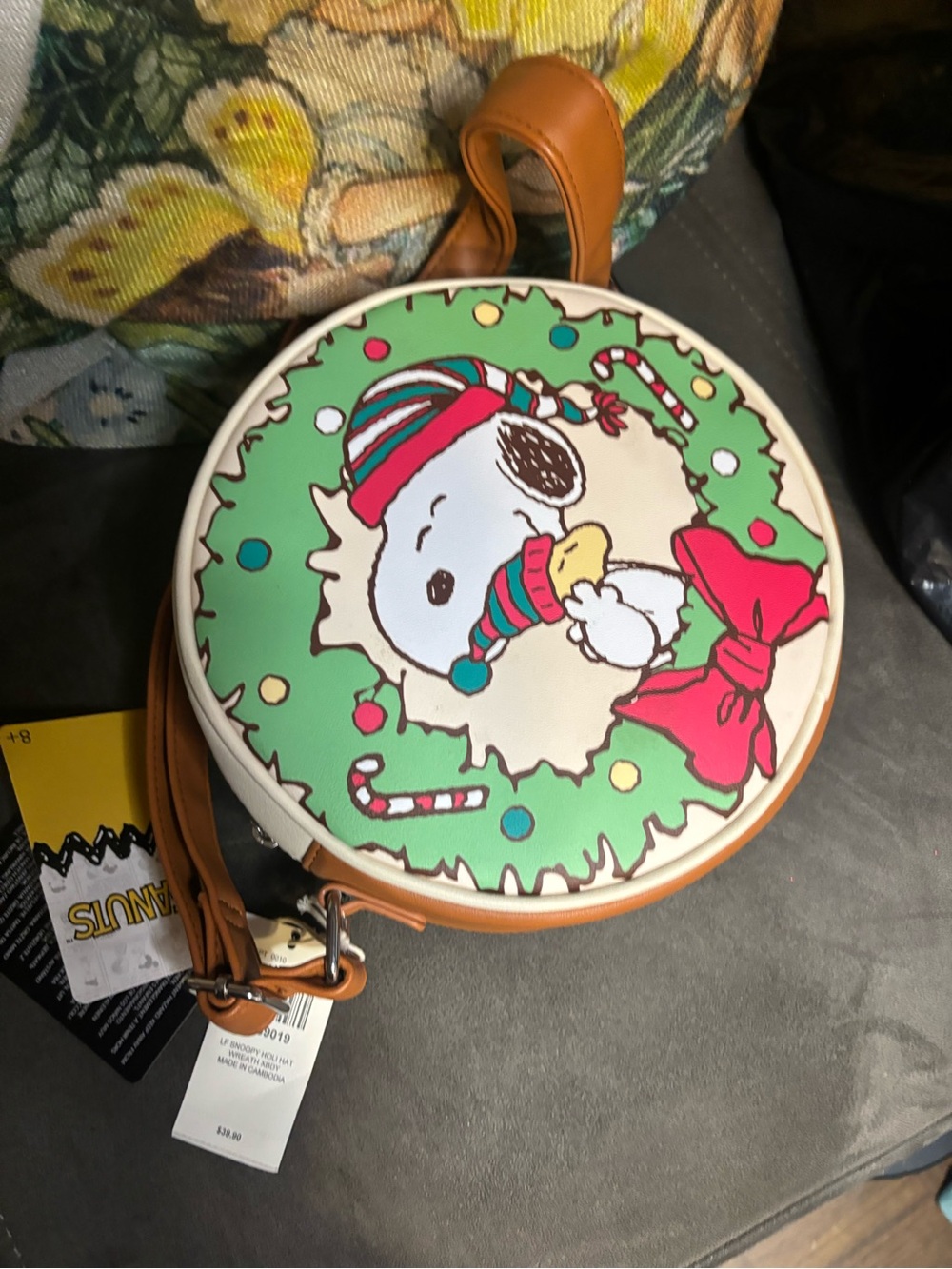 Loungefly Snoopy Holiday Wreath Round Crossbody Bag - Green, Red, Tan, White